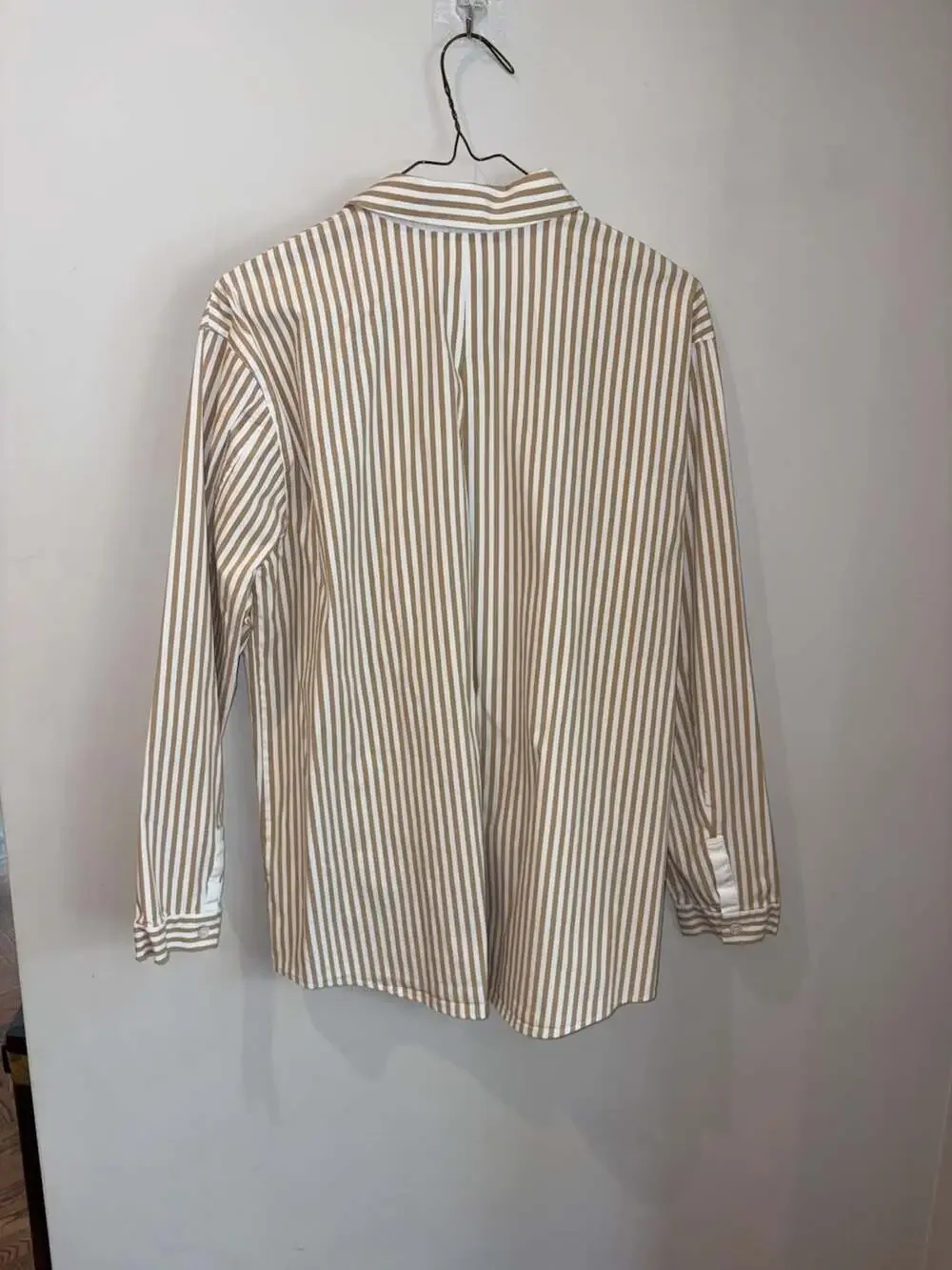Lafayette 148 New York Tan and White Striped Button Down Shirt Size L - Picture 3 of 4